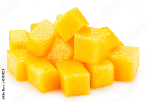 Mango fruit cubes isolated on white background.