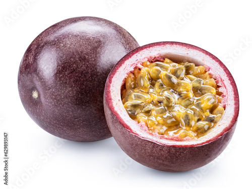 Dark purple passiflora or passion fruit and it's half on white background. File contains clipping path.