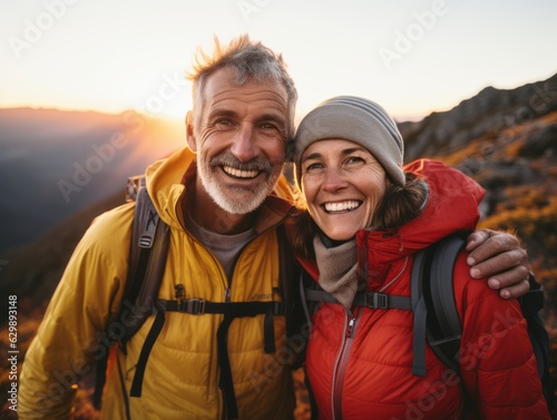 An active middle-aged couple hiking in the mountains wearing beanies, puffer jackets, and backpacks at dawn, smiling. Mountains are in the background and the sun is rising in the horizon.