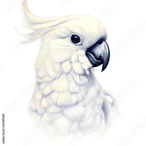 Portrait of a White cockatoo Realistic Digital Drawing isolated on a white backgorund Generative AI
