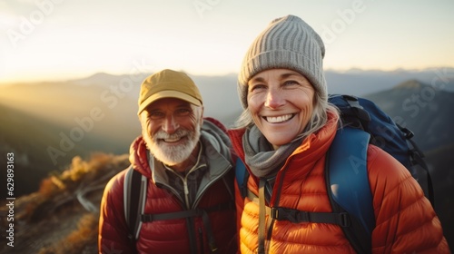 An active senior couple hiking in the mountains wearing beanies, puffer jackets, and backpacks at dawn, smiling. Mountains are in the background and the sun is rising in the horizon.