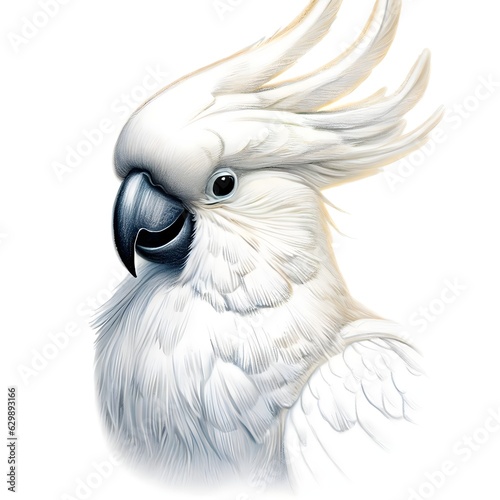 Portrait of a White cockatoo Realistic Digital Drawing isolated on a white backgorund Generative AI