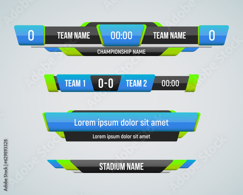 Football elements for broadcasting match. Sport scoreboard with time, information and result display. Vector template for your design.