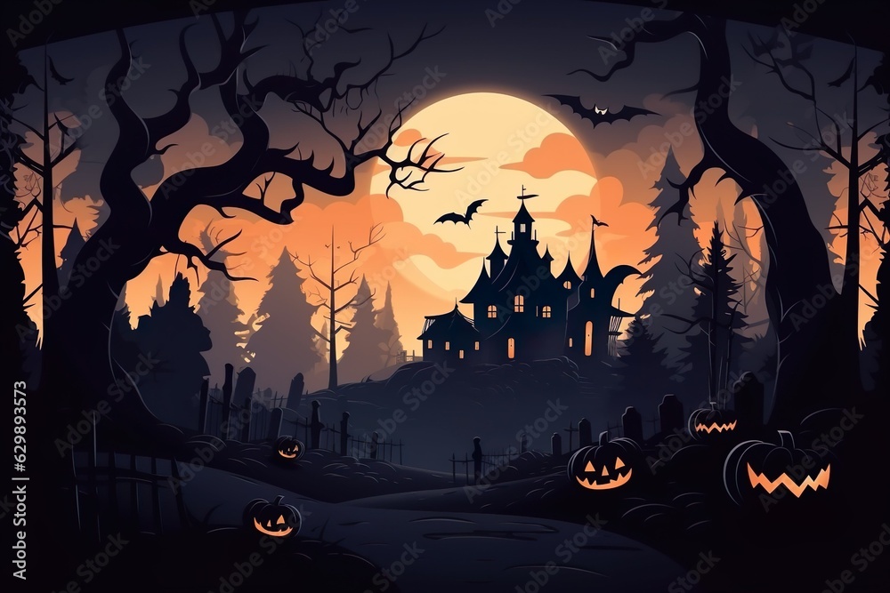 Halloween background with old cemetery gravestones spooky leafless  trees full moon on Halloween night 