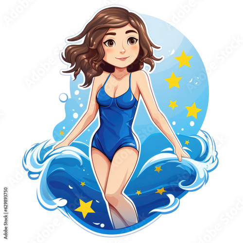 Sticker of a cute European girl in a bathing suit isolated on white background
