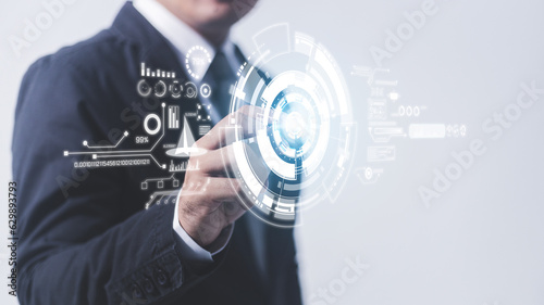 Man using tools AI. technology smart robot science and artificial intelligence technology, and innovation futuristic and global connection for providing access to information and data online network,