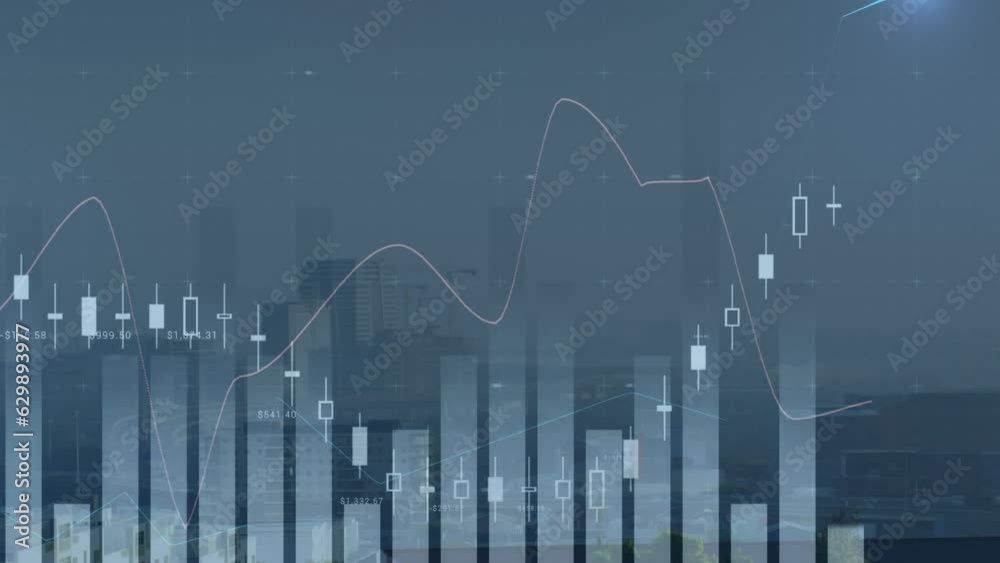 Animation of multiple graphs moving over modern skyscrapers under sky in city at night