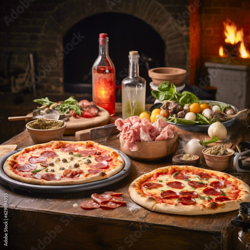 Artisanal Pizzas with Fresh Ingredients in a Rustic Oven-Fired Dining Setting