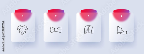 Clothes line icon. Bow, boots, shoes, jacket, outerwear, pajamas, baby clothes. Glassmorphism style. Vector line icon for Business
