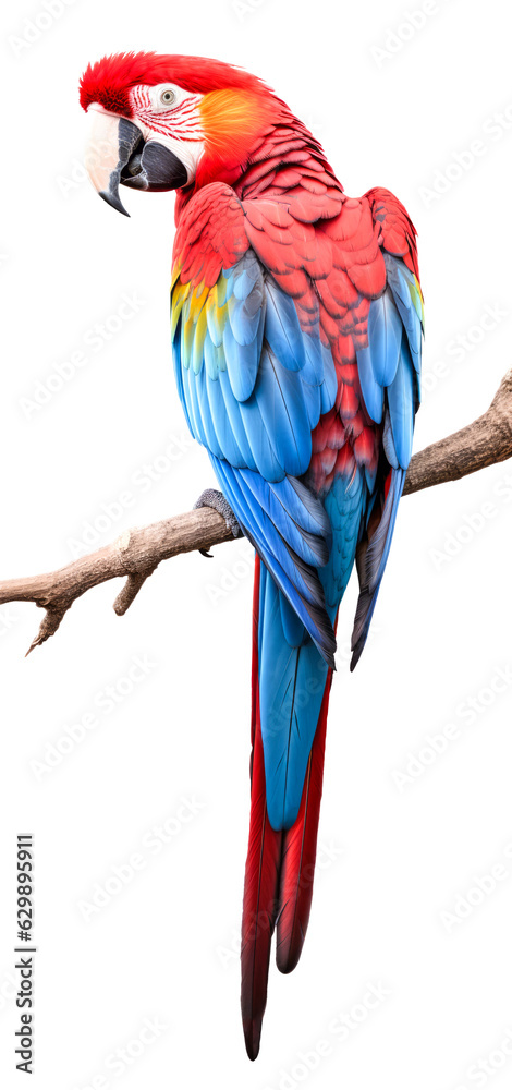 Beautifully multicolored macaw parrot sits on wooden branch - transparent background