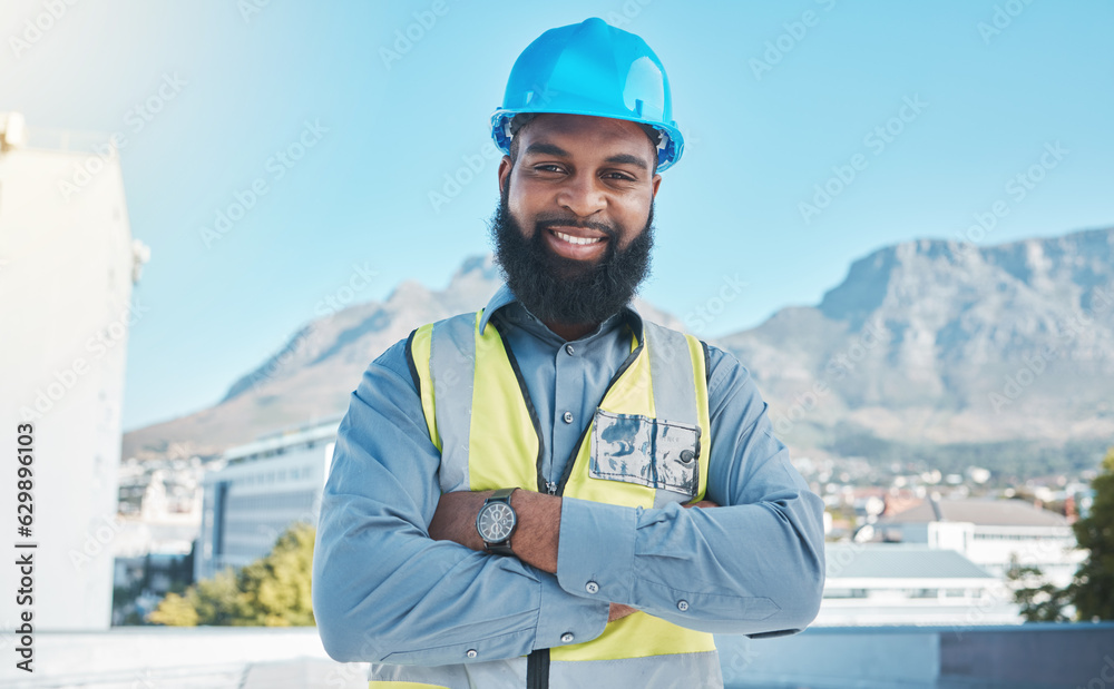 Construction, portrait and black man in city with arms crossed for building project, site maintenance and civil engineering. Happy contractor, architecture and urban property development in Cape Town Construction, portrait and black man in city with arms crossed for building project, site maintenance and civil engineering. Happy contractor, architecture and urban property development in Cape Town