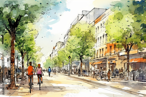 Full color cartoon sketch of abstract city center with pedestrian zone, people, trees and buildings