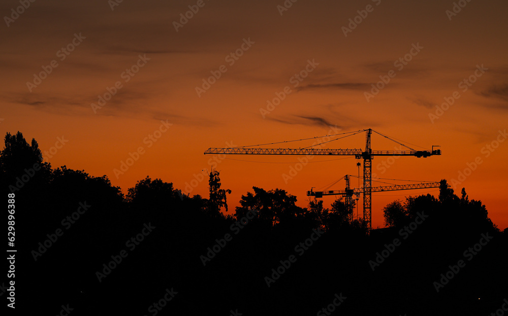 Cranes silhouette in morning dusk sunrise light. Sunrise photo with cranes and the reflection on a lake. Construction industry.