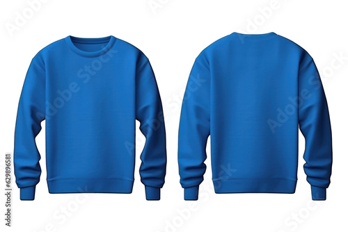 Blank blue sweatshirt in front and back view, mockup, isolated, white background, generative ai