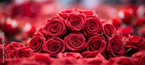 Bouquet of red rose. Valentine and wedding day background. Generative AI technology.