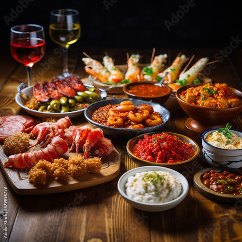 Several plates with tapas surved in bowls at a wooden table in Andalusia of Spain.