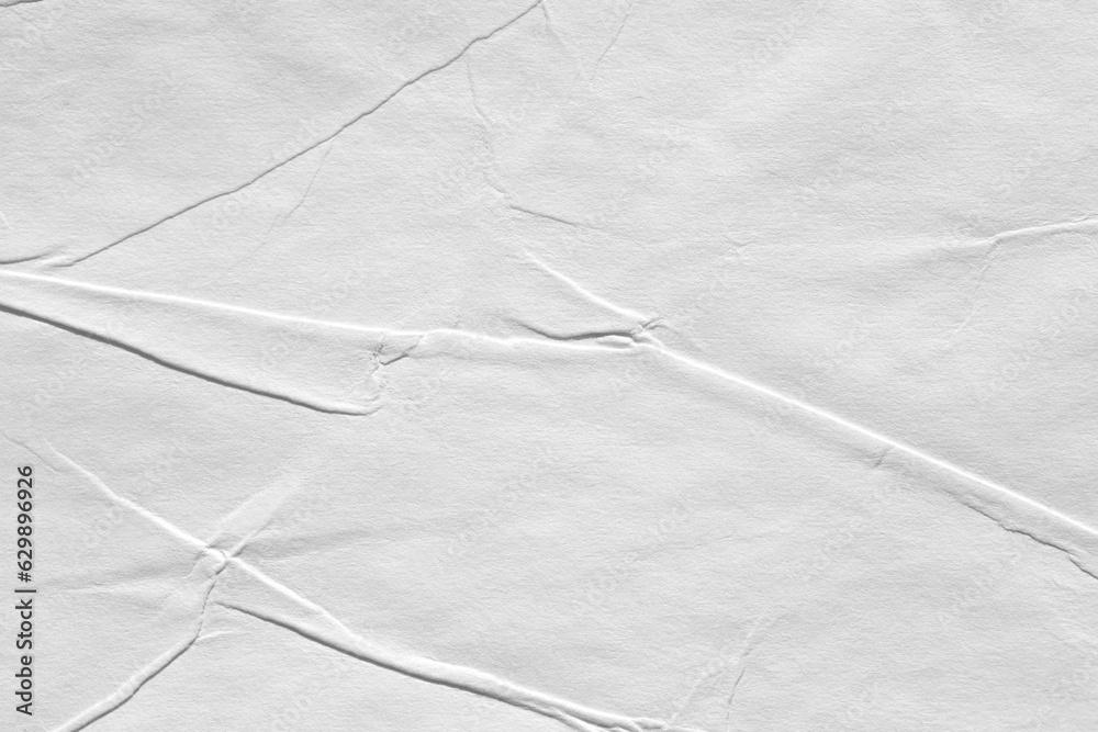 Obraz premium Paper white with wet effect texture, gray background for web design. Old cardboard cover template with kinks and crumpled elements.