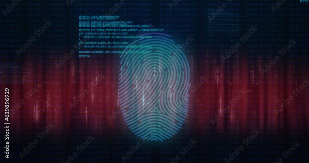 Animation of fingerprint and computer language over abstract pattern against black background