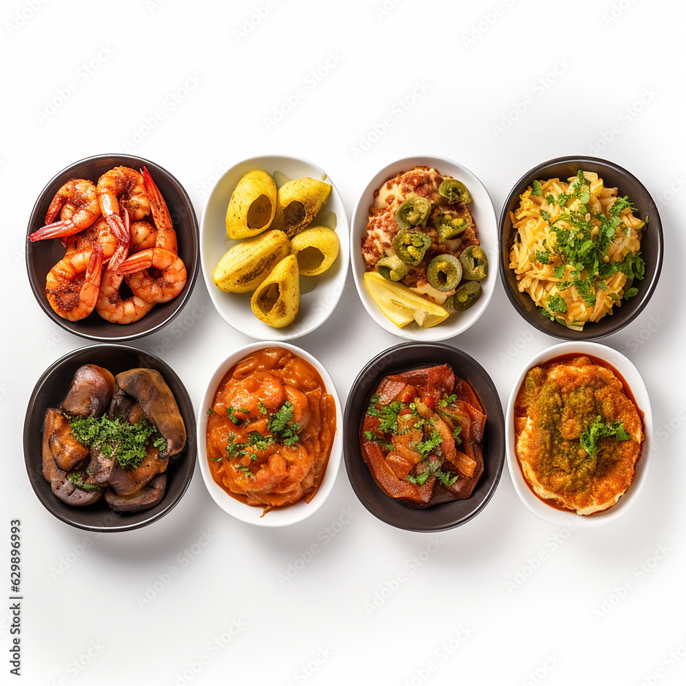 Food served as tapas inside colourful bowls at Andalusia restaurants in Spain. Food served as tapas inside colourful bowls at Andalusia restaurants in Spain.