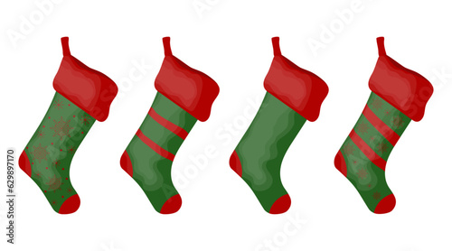 Set of Christmas stocking socks green with red stripes on a transparent and white background. Closeup isolated icon. New Year's doodle element for holiday design. Cartoon flat vector illustration.