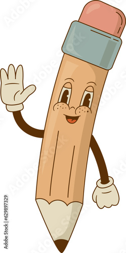 Funny retro mascot pencil vector illustration. Cartoon supplies character for poster, banner, sale, online shopping. Back to school