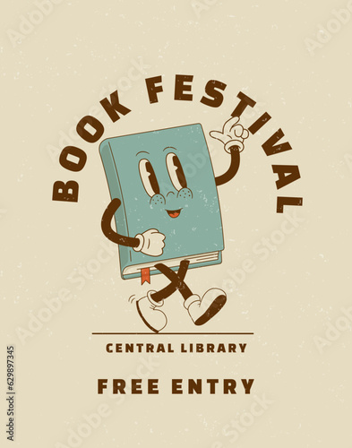 Retro cartoon book festival or a sale in a bookstore ad poster designs.Vintage bookshop mascot vector illustration. Central library edication enent. Nostalgia