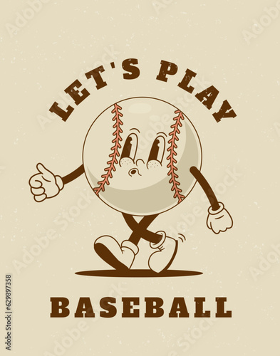 Retro cartoon baseball mascot poster. Vintage game balls character vector illustration. Sport event banner. Design for T shirt
