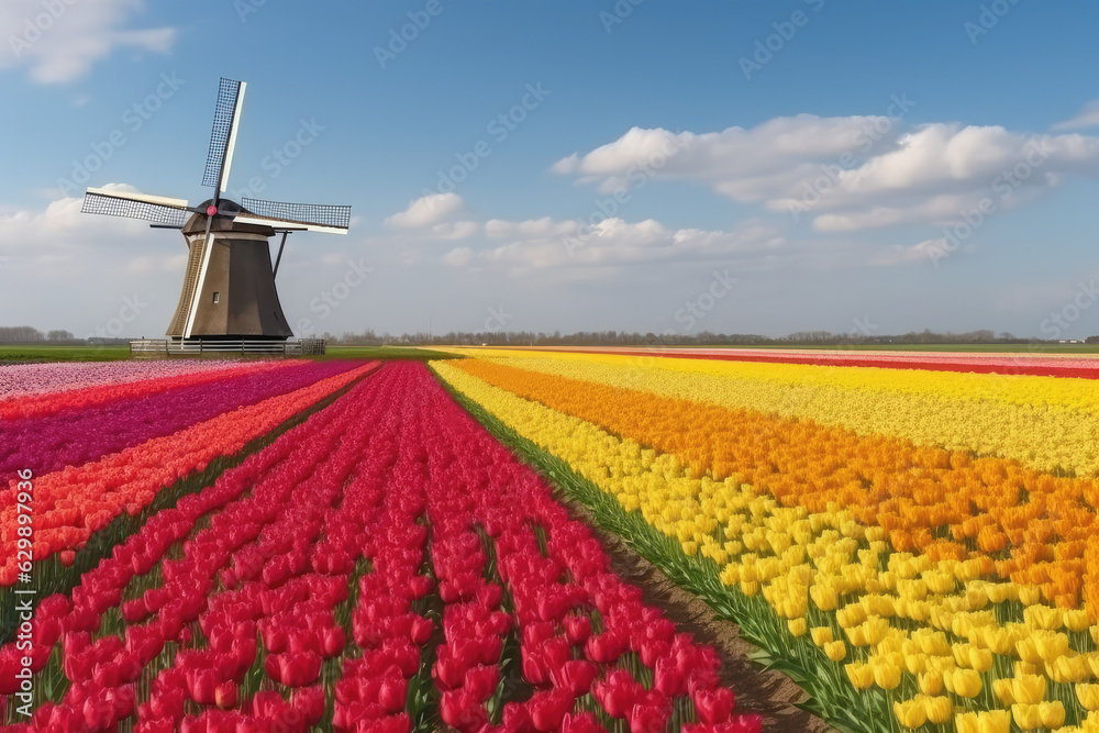 Field with tulips and windmill. Floral background. Field with rows of tulips. Sky with clouds during sunset. Beginning of the agricultural season in the Netherlands