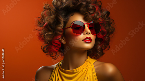 The young African woman in the studio exudes glamour and femininity as she rocks her casual attire a colorful and fashionable red t-shirt paired with stylish sunglasses. Against a yellow background