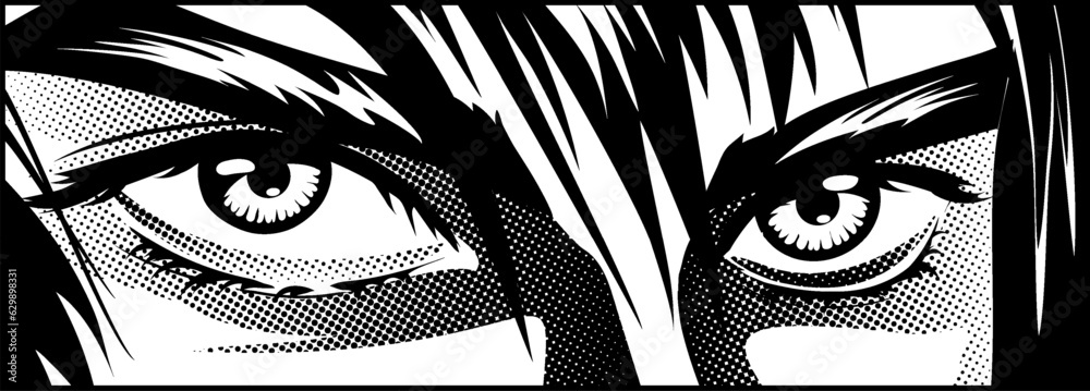 Fototapeta premium Eyes, angry look of a man in manga and anime style.