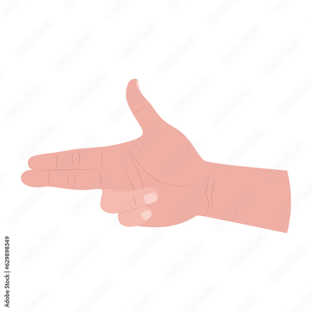 The hand makes a pistol gesture with two fingers. Language of the body. Vector illustration isolated on white background.