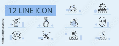 Skin protection line icon. Sunscreen, moisturizing, face mask, sun, natural cosmetics. Pastel color background. Vector line icon