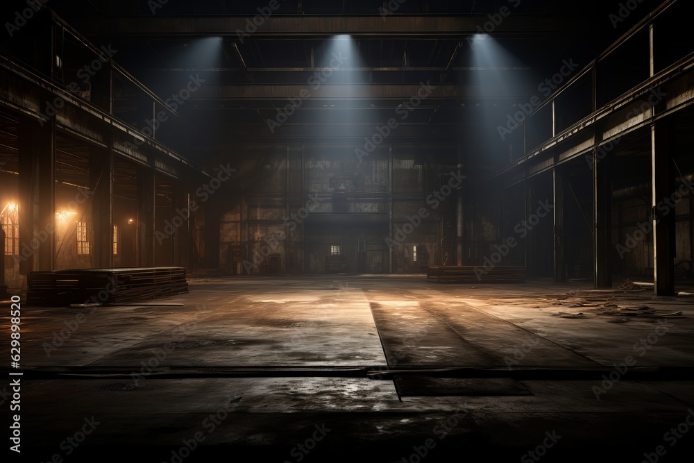 An old, forgotten warehouse bathed in the glow of bright spotlights.