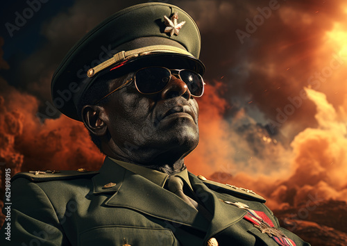 fictional african dictator wearing sunglasses . Generative AI