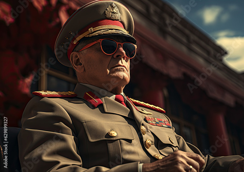 fictional nationalist european dictator wearing sunglasses . Generative AI