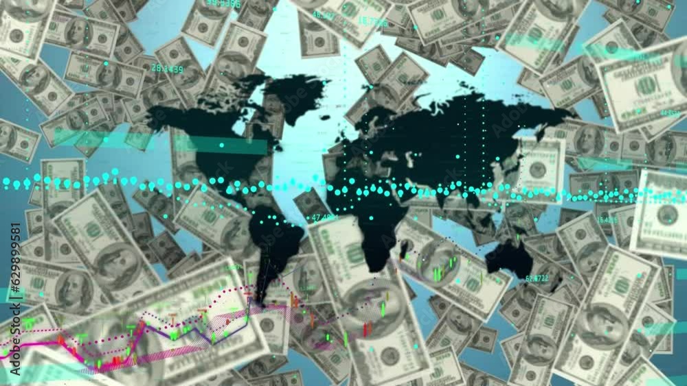 Animation of multiple graphs over map and falling dollar bills against blue background Animation of multiple graphs over map and falling dollar bills against blue background