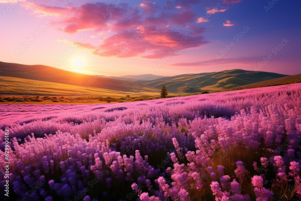 Fototapeta premium Rolling Hills of Blooming Lavender as Far as The Eye Can See, Generative AI