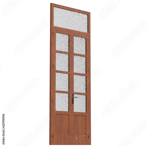 3D rendering illustration of a wooden door with glass panels and transom