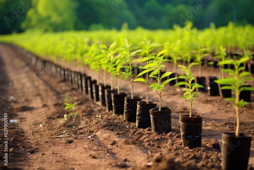 saplings planted in a row, symbolizing reforestation photo