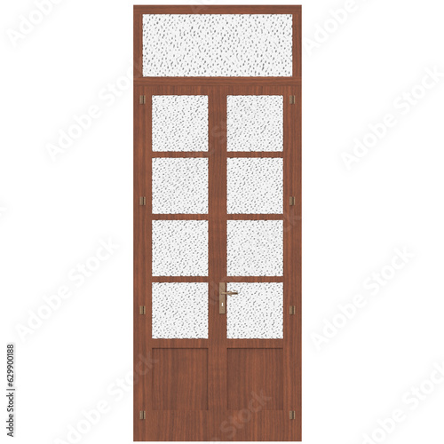 3D rendering illustration of a wooden door with glass panels and transom