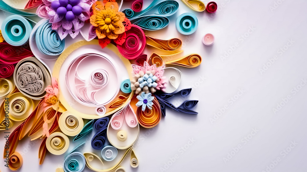 Arrière plan blanc avec fleurs et arabesques en papier découpé coloré - Générative ia