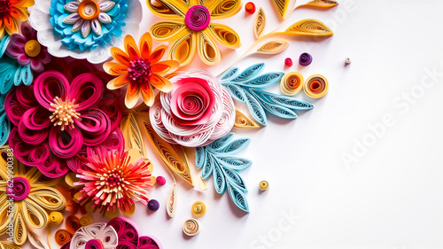 Arrière plan blanc avec fleurs et arabesques en papier découpé coloré - Générative ia photo
