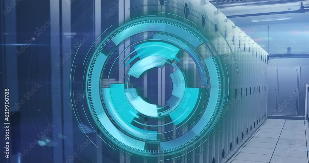 Animation of loading circles over computer language against server room in background