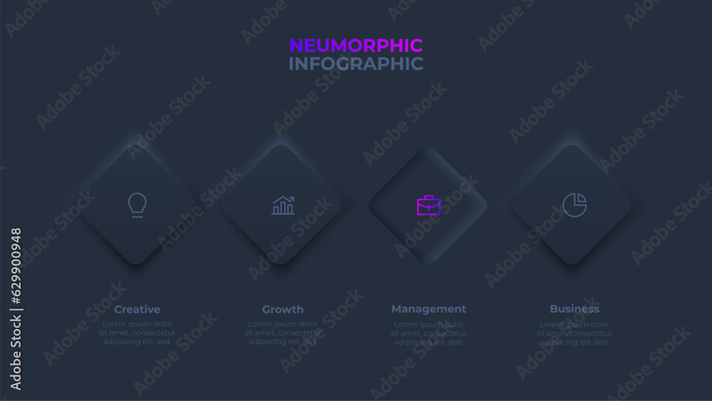 Dark neumorphic infographic with 4 steps, options, parts or processes. Rhombuses are arranged horizontally in a row. Button click visualization