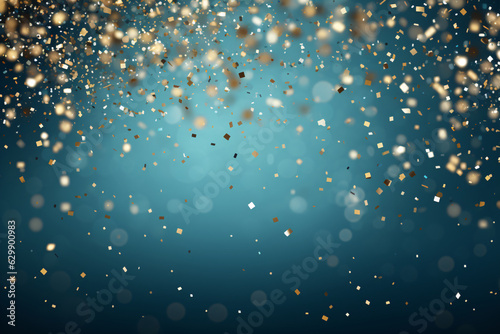 Blue gradient background with gold confetti falling from the top, scattered in different directions, creating a dreamy and celebratory mood. 
