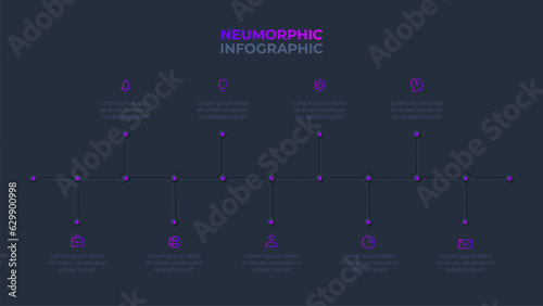 Dark neumorphism infographic timeline. Template of development process