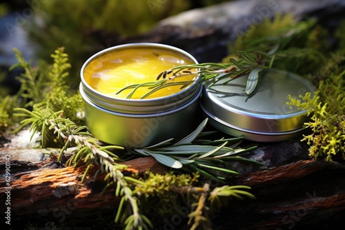 healing salve with herbal ingredients in a tin