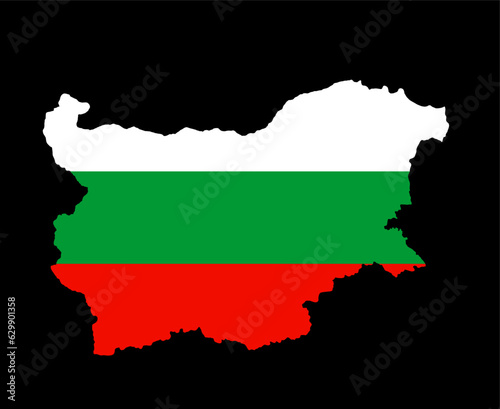 Bulgaria map flag vector silhouette illustration isolated on black background. State in Europe. EU country. Bulgaria flag over map. National symbol. Balkan state.