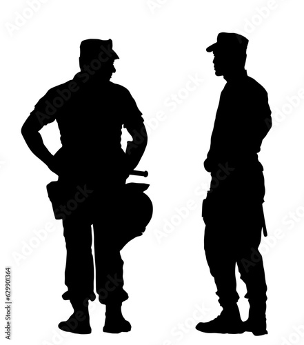 Policeman officer on duty vector silhouette illustration isolated. Police man in uniform patrol on street. Security service member protect people. Law and order. Against terrorism unit. Cop team work