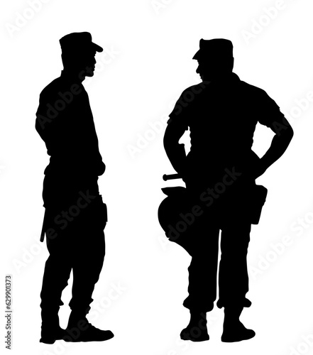 Policeman officer on duty vector silhouette illustration isolated. Police man in uniform patrol on street. Security service member protect people. Law and order. Against terrorism unit. Cop team work